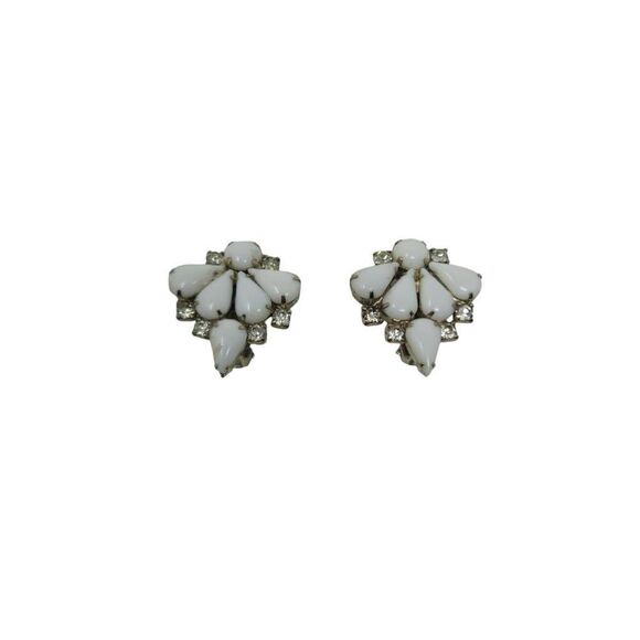 Vintage Silver Tone & White Cluster Rhinestone Clip-On Earrings | 1.50" - Picture 2 of 3